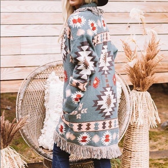 New Aztec Print Fringed Cardigan Long Sweater - Picture 4 of 13